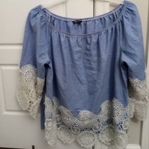 Unique spectrum denim and white lace blouse plus size 2X